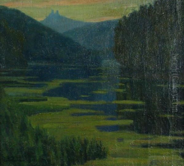 Arts And Crafts Style Lakelandscape With Distant Castle Oil Painting by Leonhard Kaupisch