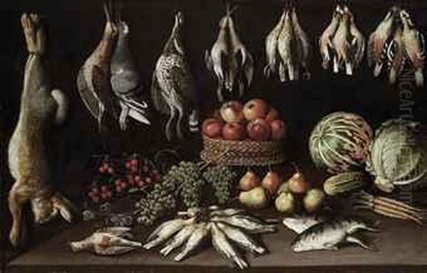 Apples In A Wicker Basket, With Pears, Grapes, Cherries, A Gherkin,lettuce, Melon, Dead Birds And Fish On A Wooden Table, With Arabbit, Woodcocks, A Pigeon And Other Birds Hanging Oil Painting by Albrecht Kauw