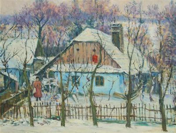 Winter In A Village Oil Painting by Frantisek Kavan