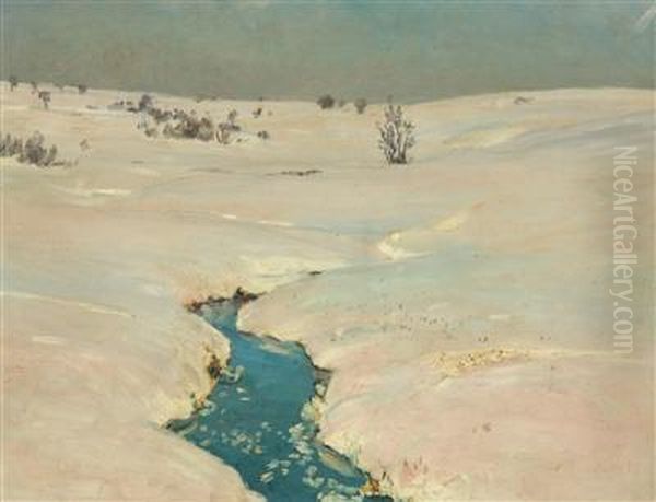 A Brook In A Winter Landscape Oil Painting by Frantisek Kavan