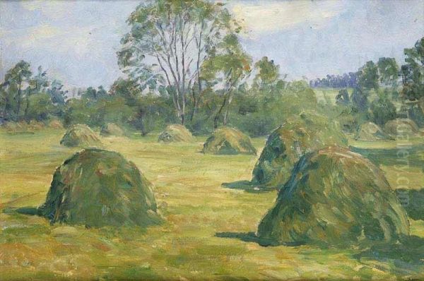 A Landscape With Hay Stacks Oil Painting by Frantisek Kavan