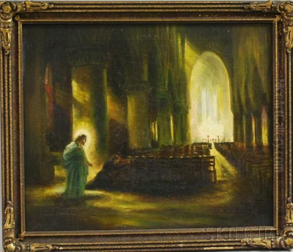 Church Interior With Christ Appearing Beside A Kneeling Woman Oil Painting by Joseph Malachy Kavanagh