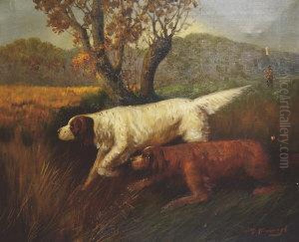 Two Pointers With A Huntsman In Landscape Oil Painting by Joseph Malachy Kavanagh