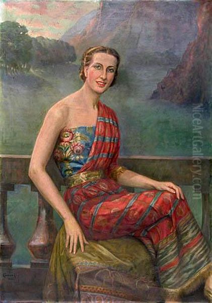 Portret Kobiety Na Tle Pejzazu, 1936 R. Oil Painting by Roman Kawecki