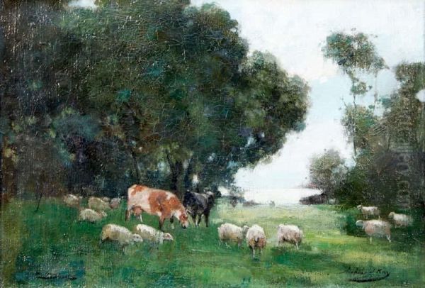 Cows And Sheep Grazing Oil Painting by Archibald Kay