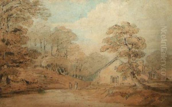 River Landscapewith Figures By A Cottage Oil Painting by William Henry Kearney