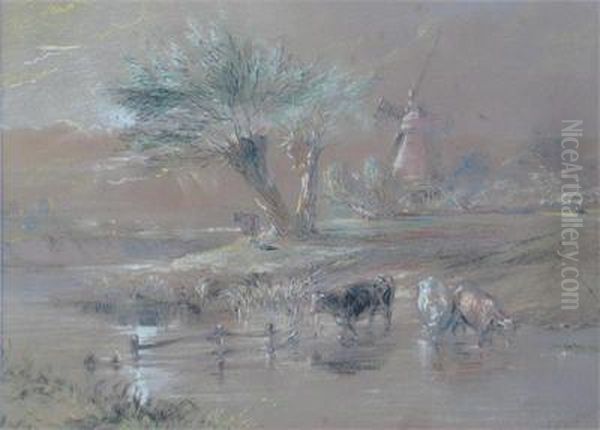 Cattle Watering Near A Windmill Oil Painting by William Henry Kearney