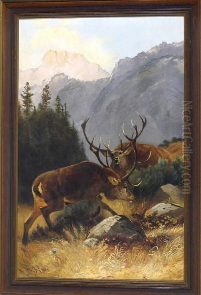 Zwei Kampfende Hirsche Im Gebirge Oil Painting by Otto Keck