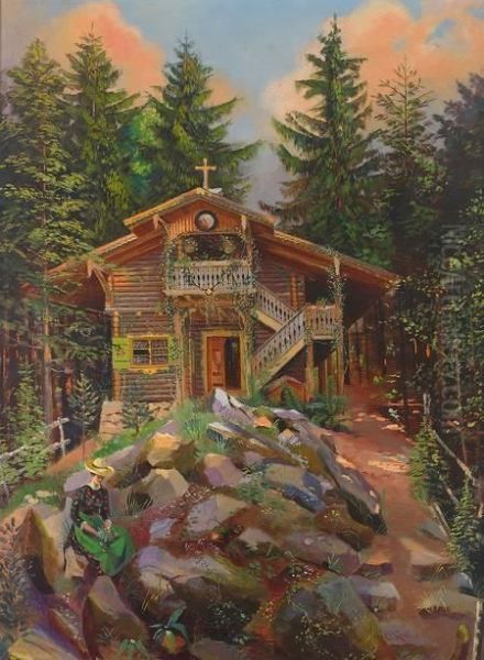 Jagerhaus Mit Steingarten Und Sitzender Junger Frau Oil Painting by Otto Keck