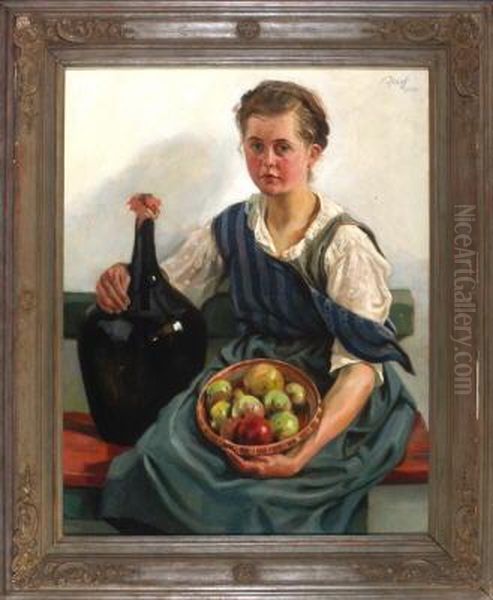 Portrait Eines Jungen Blonden Madchens Mit Einem Apfelkorb Und Einer Grosen Schwarzen Flasche Auf Einer Bank Vor Neutralem Hintergrund Oil Painting by Otto Keck