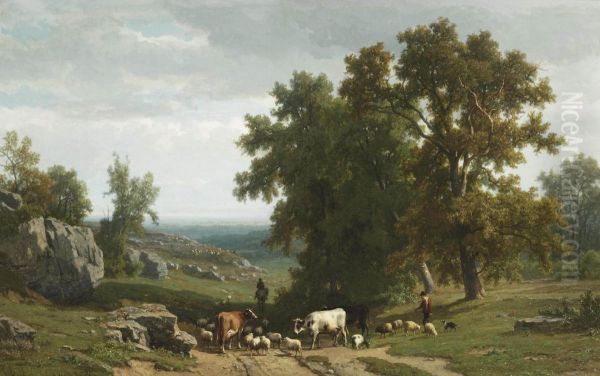 Cattle And Figures In A Summer Landscape Oil Painting by Frans Keelhoff