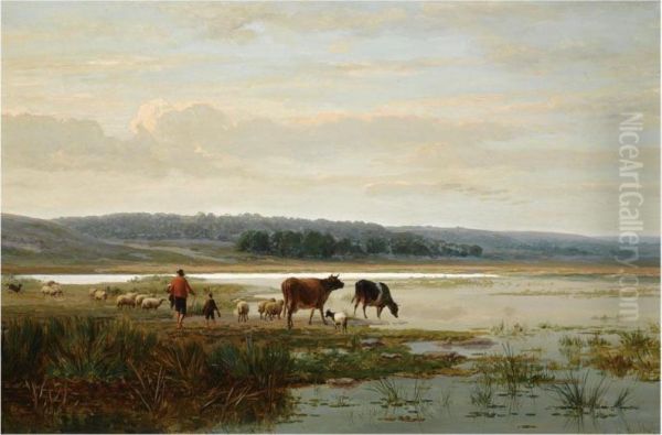 Watering The Cattle At Dawn Oil Painting by Frans Keelhoff