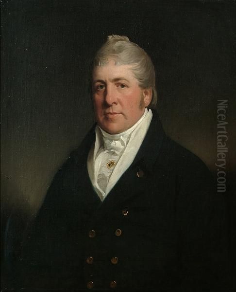 Portrait, Half Length, Of A Gentleman Wearing A Blue Coat; And Portrait, Half Length Of A Lady Wearing A White Muslin Dress Oil Painting by Michael Keeling