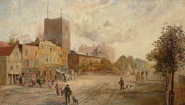 Figures On Cheyne Walk With Chelsea Old Church Oil Painting by William Knight Keeling