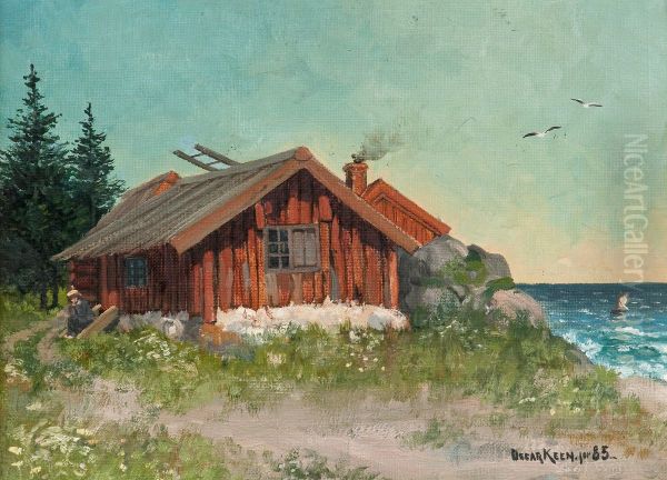 A Red Cabin Oil Painting by Oscar Keen