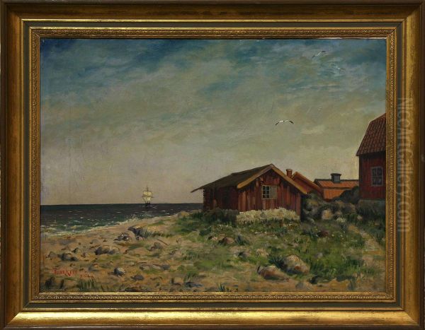 Kustlandskap Med Fullriggare Oil Painting by Oscar Keen