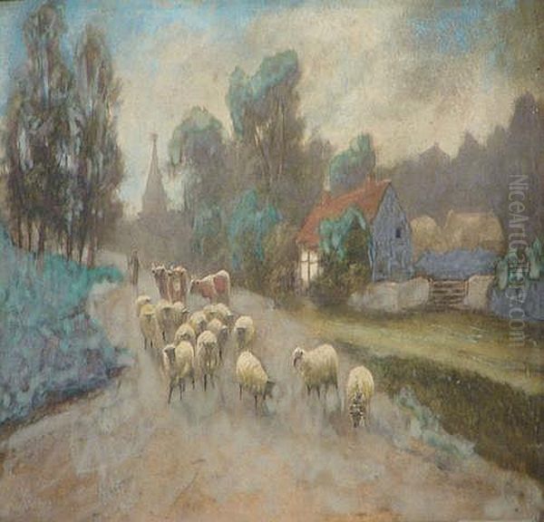 A Drover With Sheep And Cattle In A Oil Painting by Elmer Keene