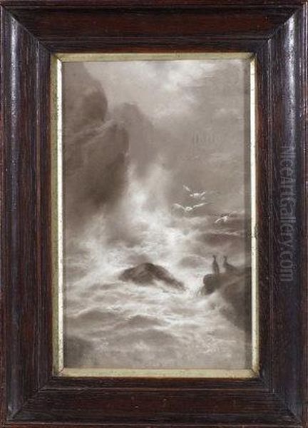 A Rocky Shore With Sea Birds - Monochrome Oil Painting by Elmer Keene