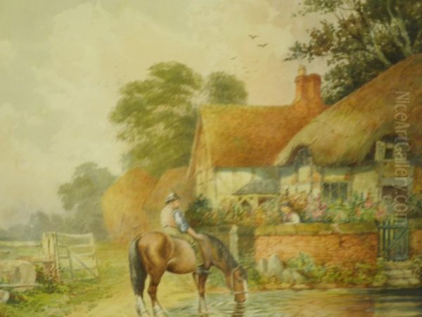 Scene Of A Horse, Country Cottage In Rural Setting Oil Painting by C Keets