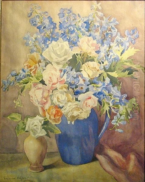 Roses And Delphiniums In A Blue Vase; Spring Bouquet And Figurine (a Pair) Oil Painting by Frances Keffer