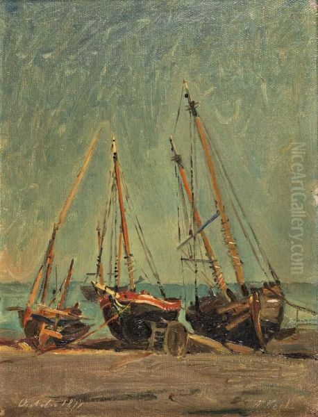 Barcos De Pesca Em Seco Na Praia Oil Painting by Alfredo Keil