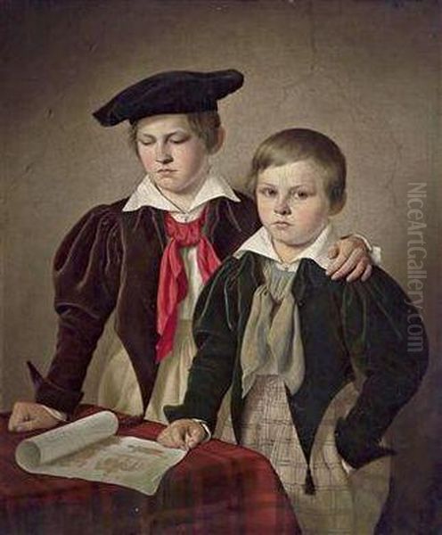 Knee-length Portrait Of Two Boys By A Table Oil Painting by Friedrich Keil