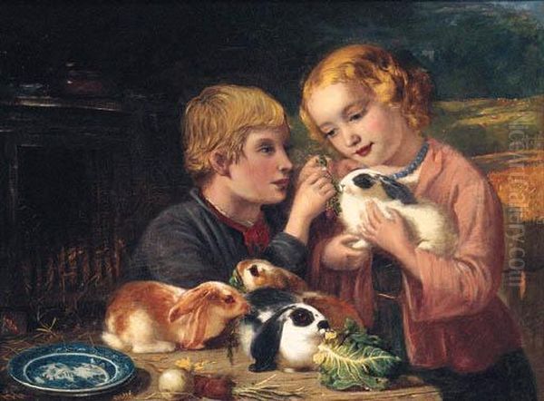 Feeding The Rabbits Oil Painting by Otto Keitel