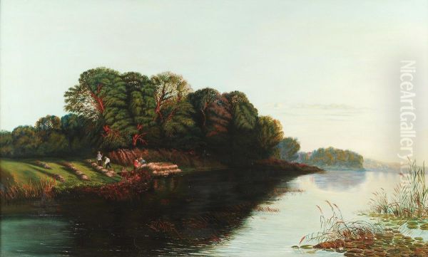 River Scene With Rush Cutters On The Bank Oil Painting by Allan Keith