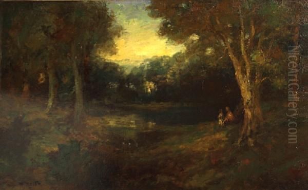 Two Figures By A Pond In A Forest Clearing Oil Painting by William Keith