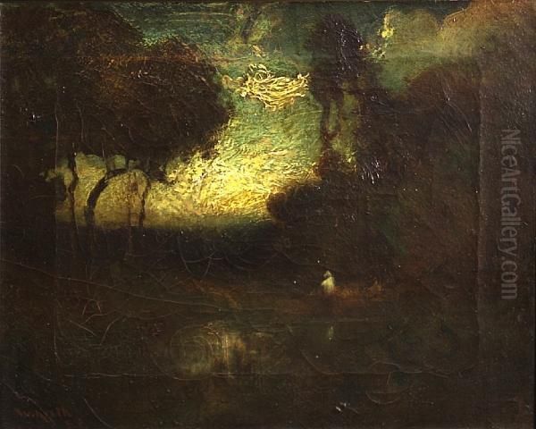 Figure By A Pond Oil Painting by William Keith