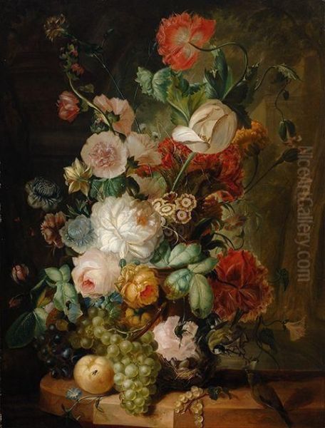 Still Life Of Flowers With Birds Oil Painting by Jan Keldermann