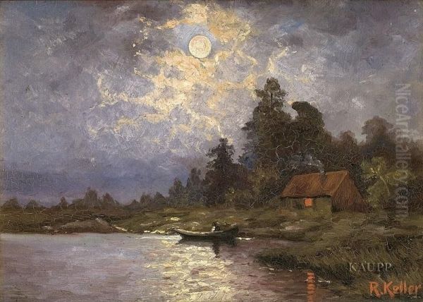 Seenlandschaft In Vollmondnacht Mit Am Ufer Anlegendem Ruderboot Und Kleinem Fischerhaus Mit Rauchendem Kamin Auf Dem Festland. Oil Painting by A. Keller