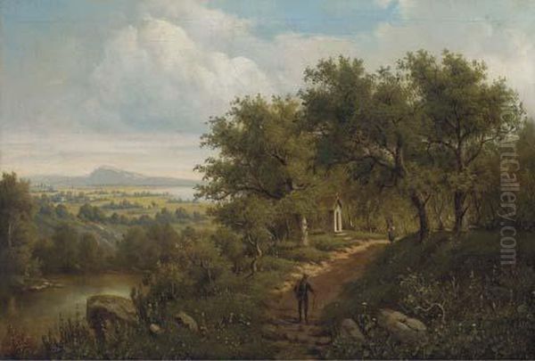 Travellers On A Track By A Woodland Shrine Oil Painting by A. Keller