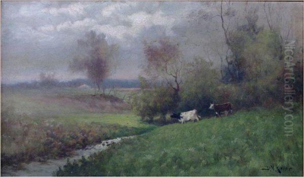 Cows In Pasture Near Stream Oil Painting by D.V. Keller