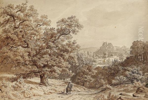 Waldlandschaft Mit Reiter Und Blick Auf Eine Burg Oil Painting by Ferdinand Keller