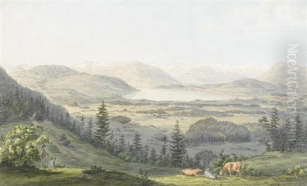 Der Zugersee Vom Albis Oil Painting by Heinrich Keller