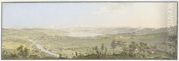 Blick Von Der Waid Ueber Zurich Hinweg Zum Alpenpanorama Oil Painting by Heinrich Keller