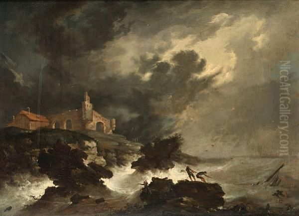 A Rocky Coastline With A Shipwreck In Stormy Seas Oil Painting by Johann Sigmund Keller