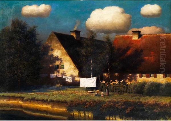 Gehoft Unter Wolken Imspatsommerlicht Oil Painting by Paul-Wilhelm Keller-Reutlingen