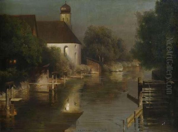 Stream Course With A Small Chapel At Furstenfeldbruck Oil Painting by Paul-Wilhelm Keller-Reutlingen