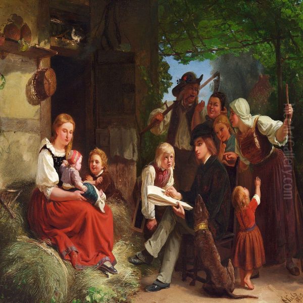 The Young Painter Is Portraying A Mother And Her Child In The Village Oil Painting by Franz Kels