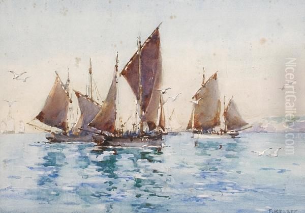 Fishing Boats Off A Coast Oil Painting by Frank Kelsey