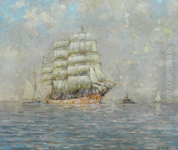 A Fully Rigged Ship And Other Vessels Off A Coastline by Frank Kelsey