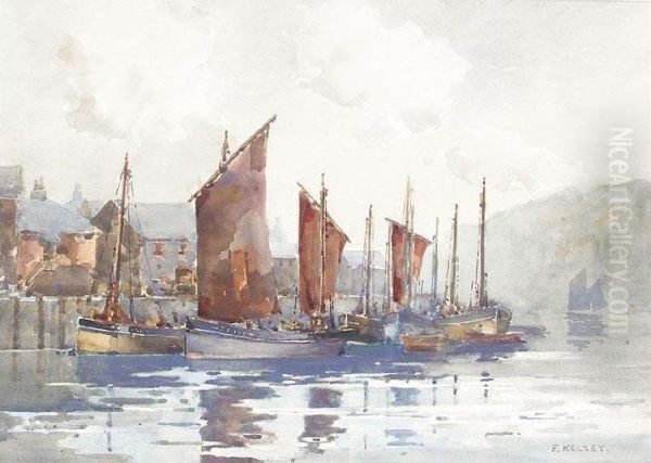 Fishing Boats In A Harbour Oil Painting by Frank Kelsey