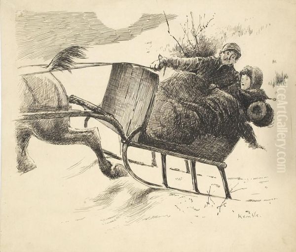 Sleigh Ride. Signed Lower Right Kemble. Oil Painting by Edward Windsor Kemble