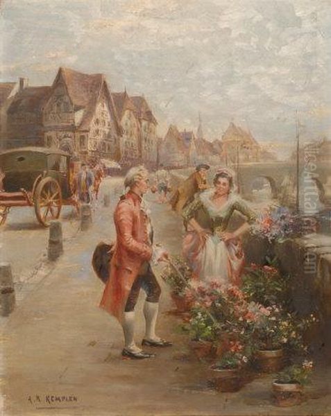 British. The Flower Seller Oil Painting by Alfred R Kemplen