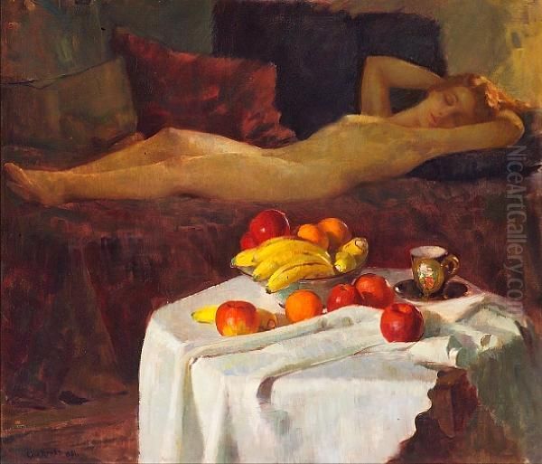 Sleep (nude And Still Life) Oil Painting by Geza Kende