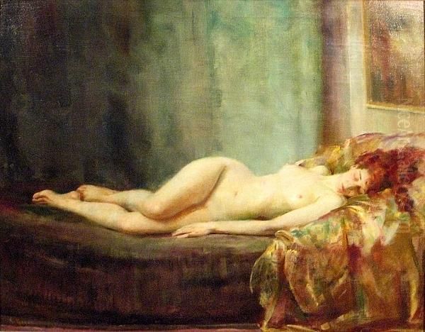 A Reclining Female Nude Oil Painting by Geza Kende