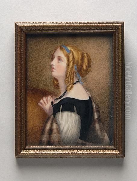 A Young Lady Praying, Having Fair Hair Tied With A Blue Ribbon And Wearing A Black And White Gown With Brown Striped Shawl Oil Painting by Emma Eleonora Kendrick