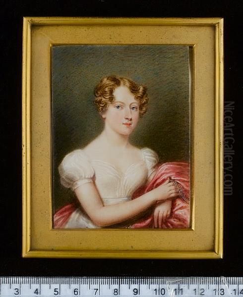 A Lady, Wearing White Dress With Short Puff Sleeves And Cerise Cloak With Embroidered Trim Oil Painting by Emma Eleonora Kendrick